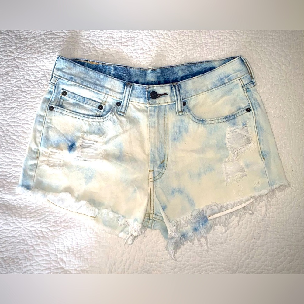 Light Blue Tie-Dye Denim Cutoff Shorts - Women's